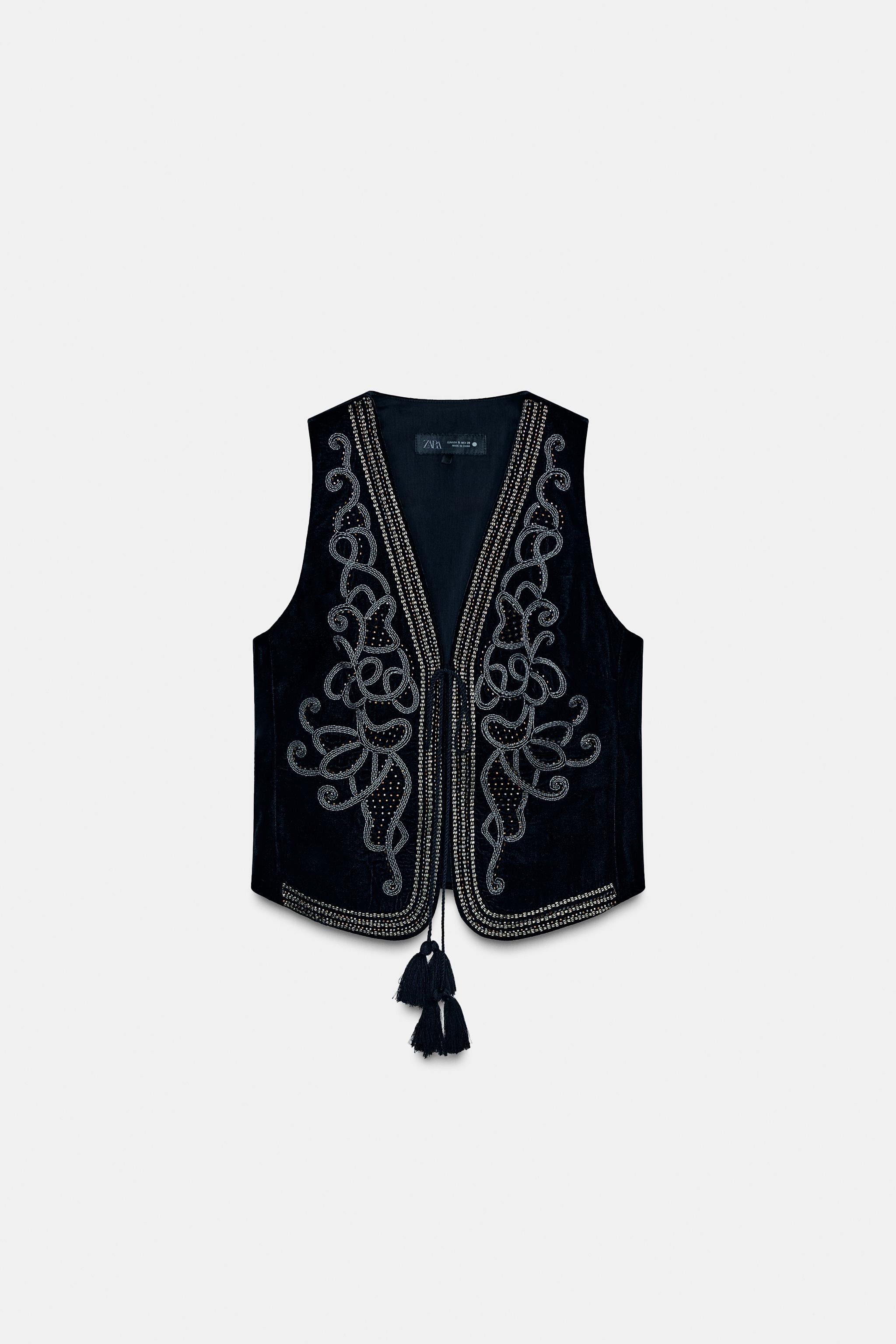 Gilet velour brodé demi manche-Zara