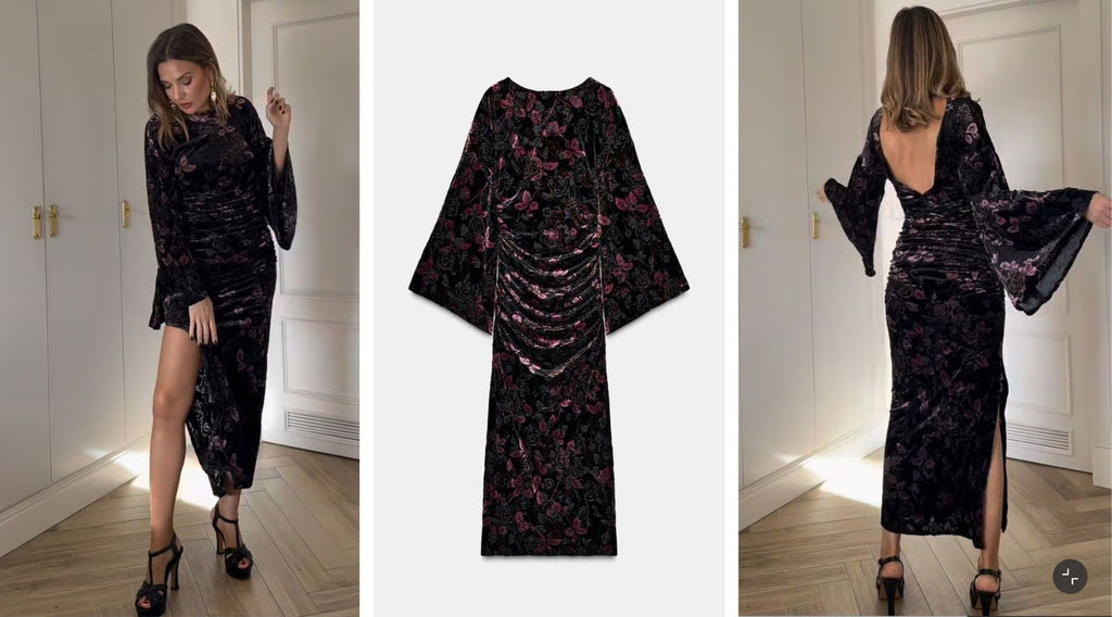 Robe velour noir rose  - zara