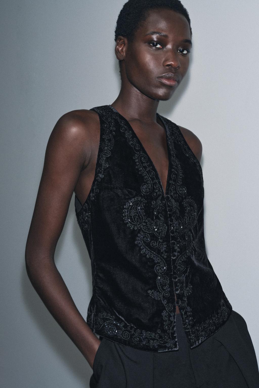 Gilet velour brodé doublé- Zara