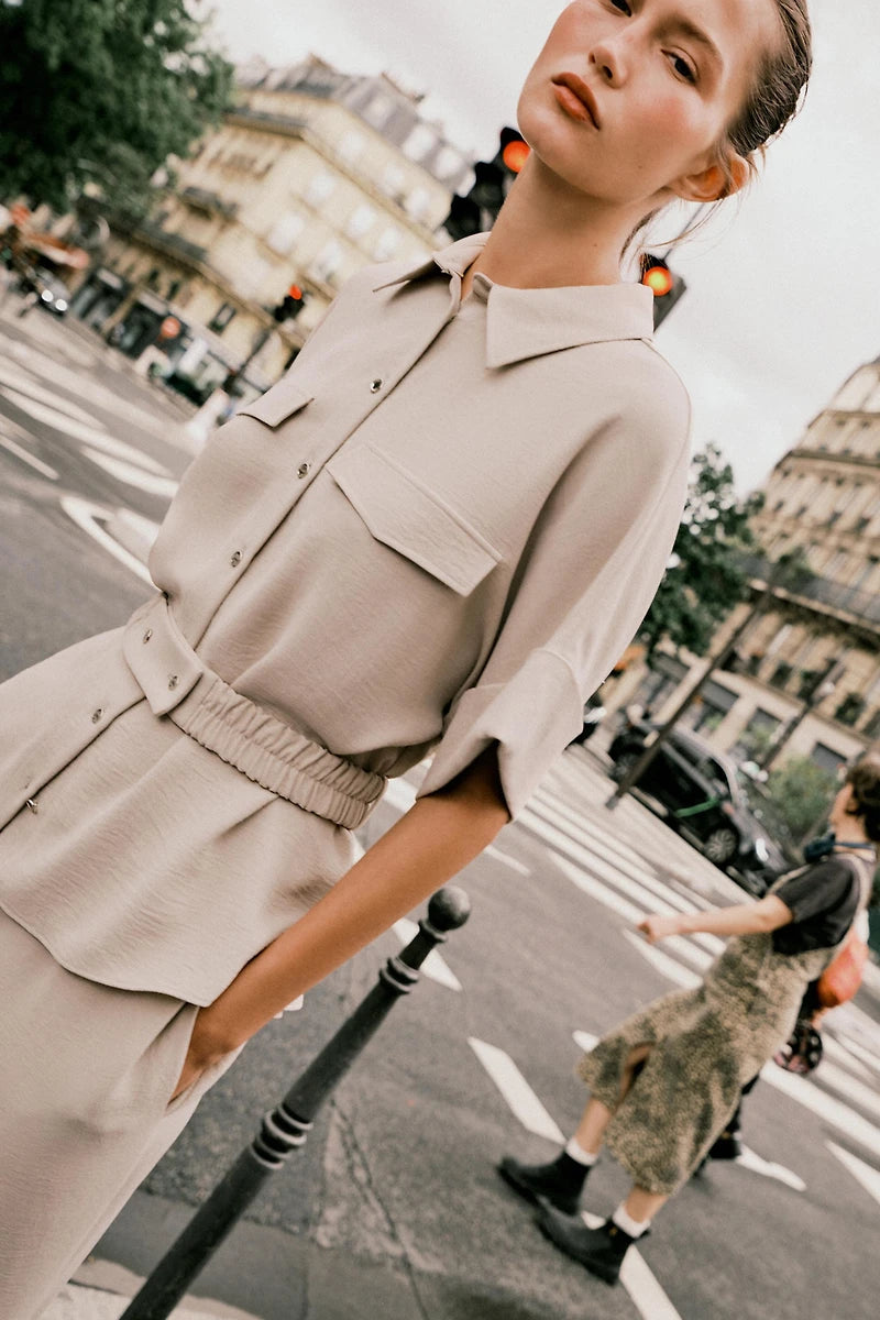 Ensemble beige demi manche avec ceinture - Zara