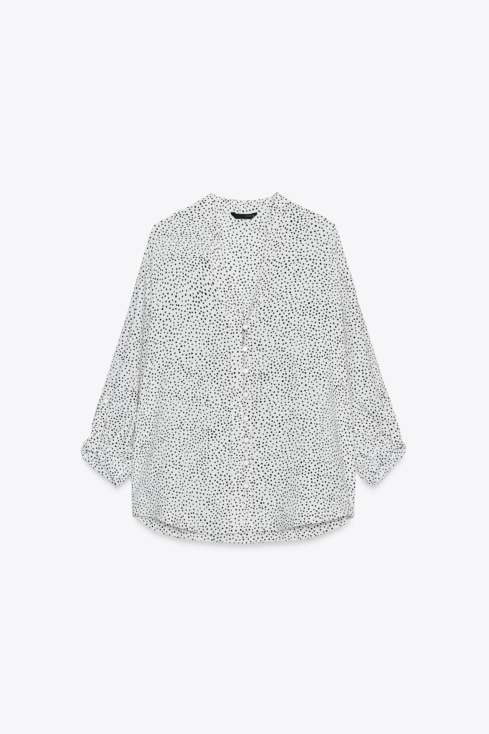 Blouse blanche à petit points noir manche longue - Zara