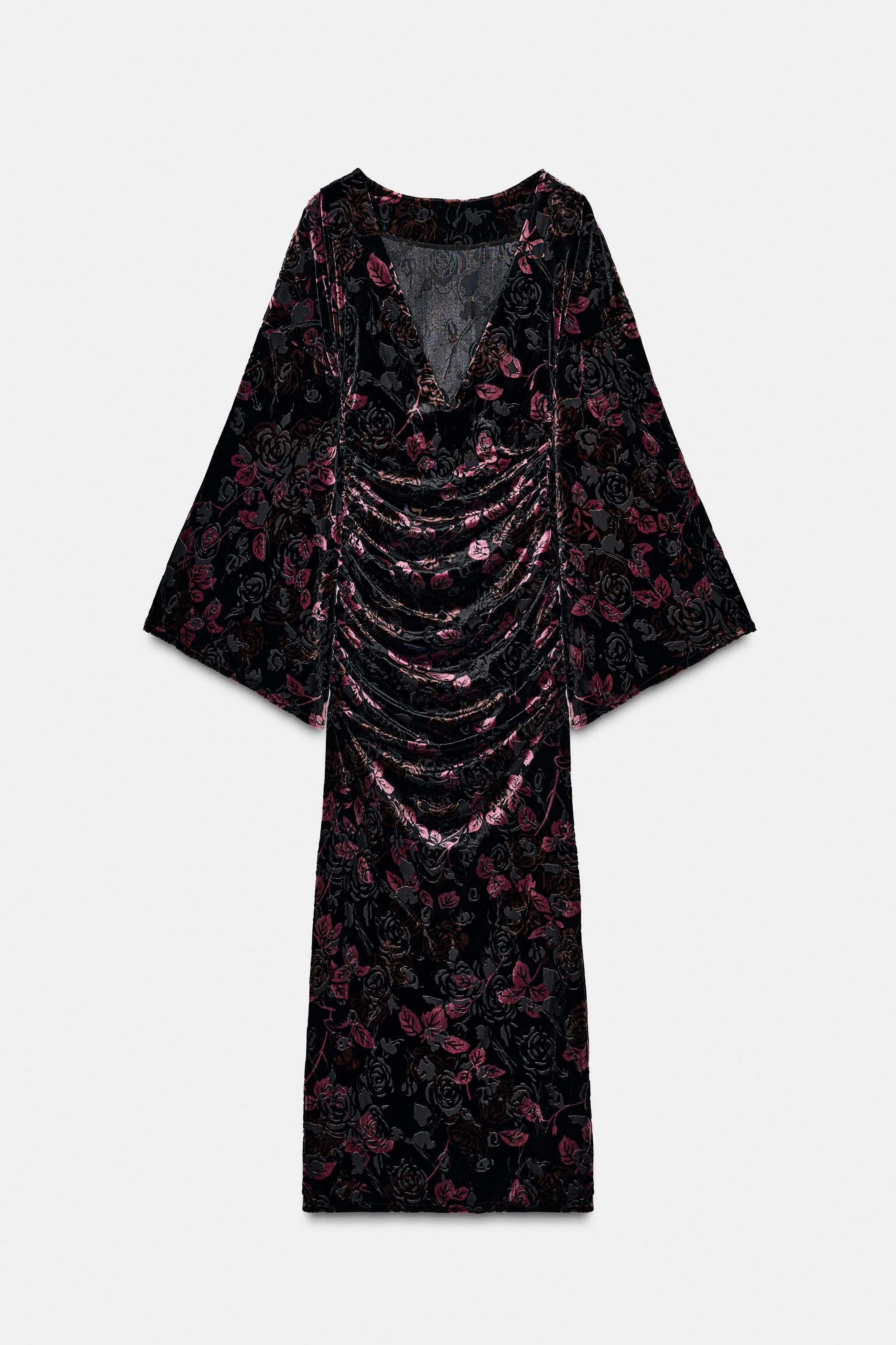 Robe velour noir rose  - zara