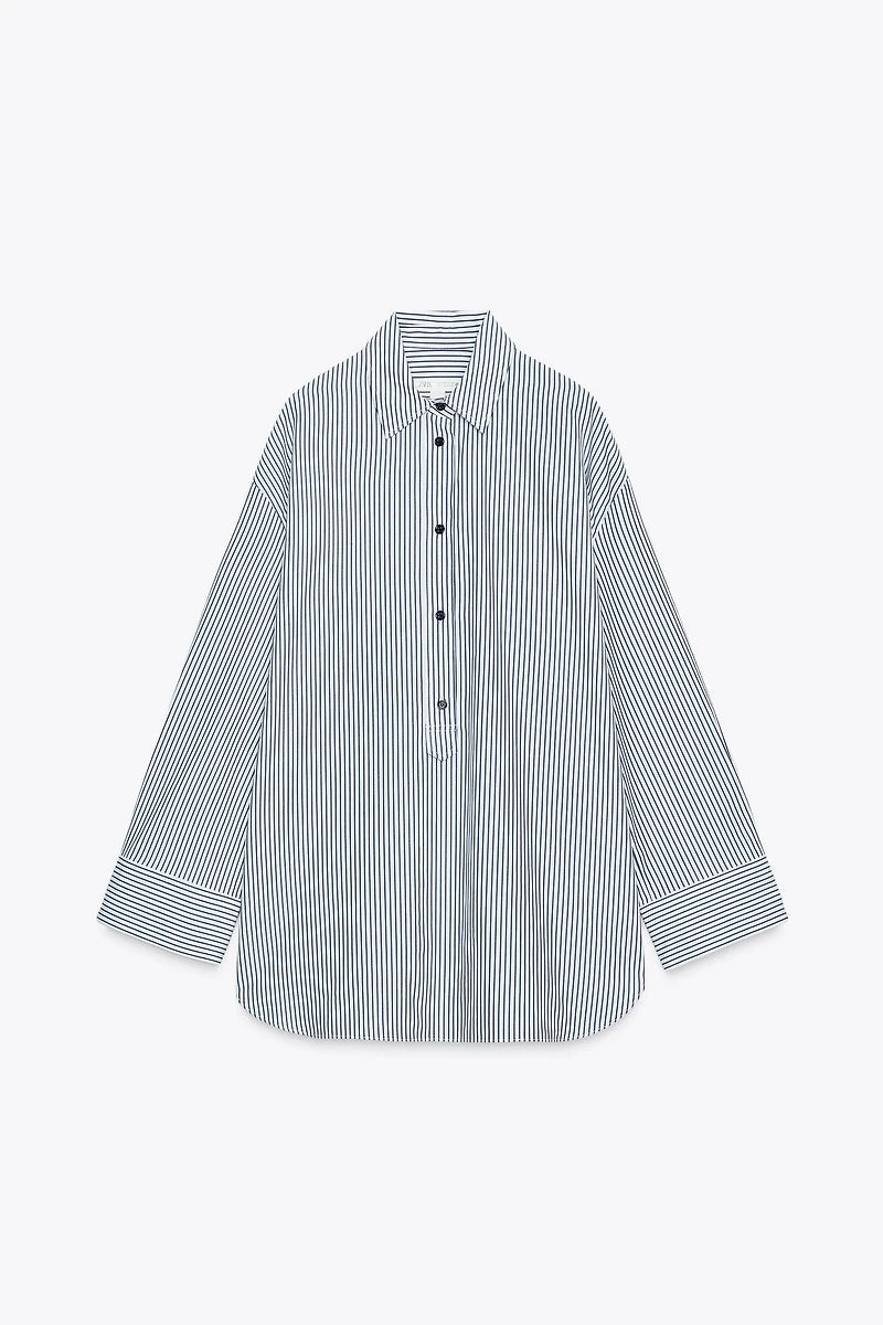 Chemise  longue en popline  a rayures -Zara