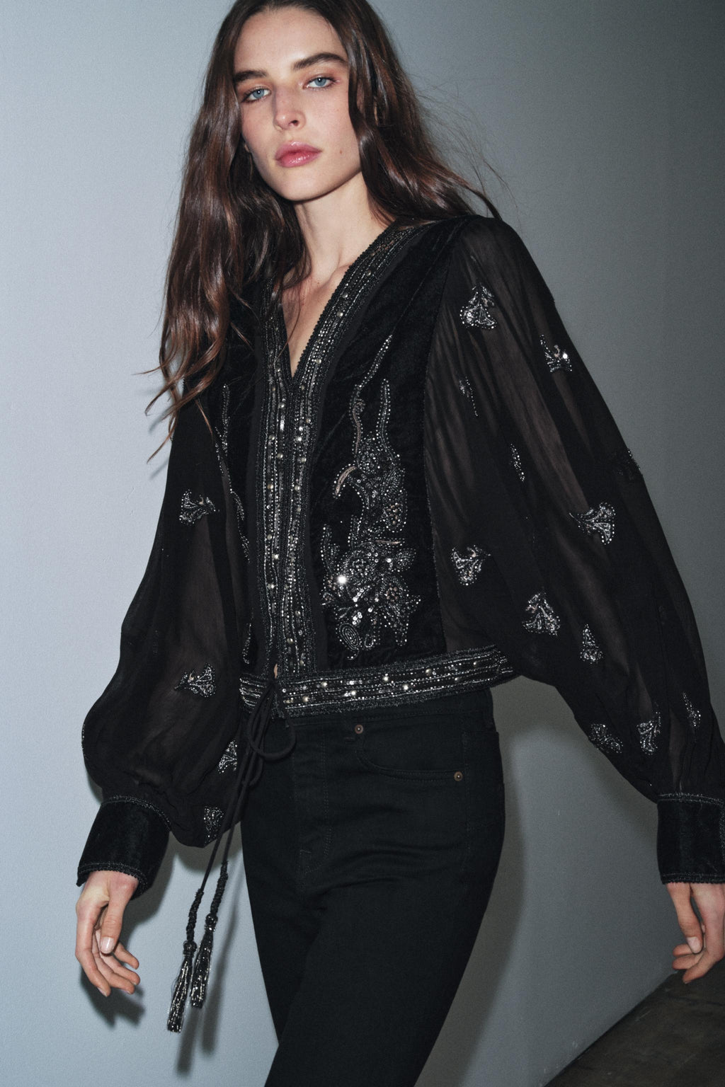 Veste velour perlé manche longue noir - Zara